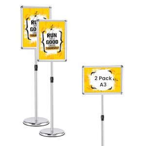GIANTEX Porte Affiche sur Pied, Lot de 2 Pr&eacute;sentoir sur Pied A3 en Aluminium, Panneaux d&rsquo;Affichage Rotation &agrave; 360&deg;, Hauteur R&eacute;glable 89,5-134CM, Pr&eacute;sentoir Mariage Hall d'Entr&eacute;e Bureau (Argent, 2) (GIANTEX, neuf)