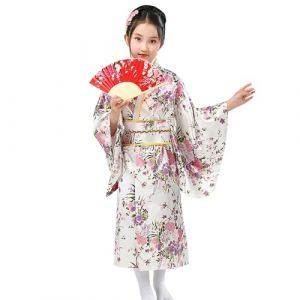 Kimono Japonais Enfant Filles Peignoir Satin Pyjama Kimono D&eacute;guisement Chinoise Fille Imprim&eacute; Peignoir Long Robe Chinoise de Chambre Traditionnel V&ecirc;tements Soie Tissu Peignoir Mariage Performance Robe (goodups, neuf)