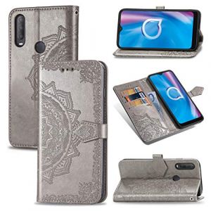 XFDSFDL® Cas de pour Alcatel 1S 5028D 2020 (6,22 Pouces) PU Cuir Housse Flip Coque Gaufrage Mandala Motif avec Stand Magnétique Fermeture Portefeuille Étui de Protection, Gris (LingDan, neuf)