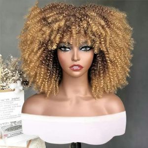 Cheveux courts Afro crépus bouclés perruque avec frange perruques pour femmes Cosplay perruque blonde perruque synthétique Halloween perruque noire rouge marron-Blonde-14 pouces (ChenDaiSong00, neuf)