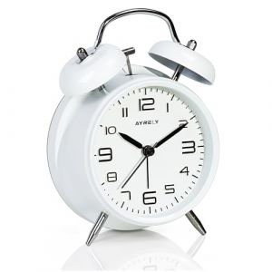 AYRELY&reg; R&eacute;veil Vintage &agrave; Double Cloche &ndash; R&eacute;veil Gros Dormeur 4'' Silencieux sans Tic-Tac, Sonnerie Puissante, Cadran Nacr&eacute; avec Veilleuse, pour Table de Nuit/Bureau(Cadran 3D, Blanc) (AYRELYEU, neuf)