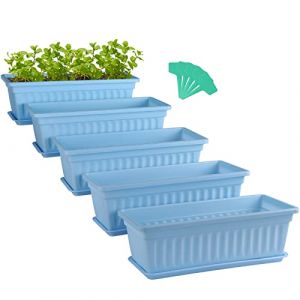 Skelang 5 Pcs pots de fleurs rectangulaires 42,7cm, support pour plante avec plateau, jardinière de jardinage avec étiquette, boîte de seuil de fenêtre pour plantes grasses, herbes, fleurs (Bleu ciel) (MaryeeMall, neuf)