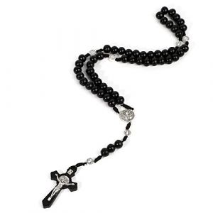 Runmeihe Collier Chapelet Croix Catholique, Perles de Pri&egrave;re en Bois Naturel avec Croix M&eacute;daille J&eacute;sus Christ Saint Beno&icirc;t, pour Chr&eacute;tiens Catholiques Communion Religieuse, Bapt&ecirc;me, Messe, Bible (BBQ-shop, neuf)