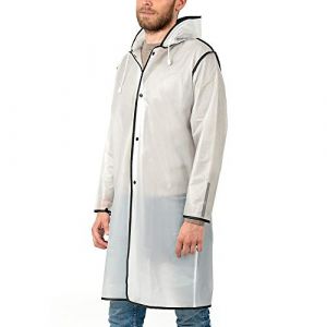 PERLETTI Imperm&eacute;able Femme Homme Transparent D&eacute;tails R&eacute;fl&eacute;chissants - Poncho Pluie Long Capuche et Boutons - Veste Coupe Vent Etui Etanche - Anorak R&eacute;utilisable L&eacute;ger (Transparent Bordure Noire, S) (PERLETTI, neuf)