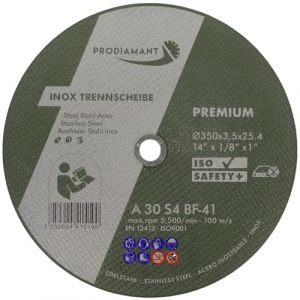 Disque à tronçonner PRODIAMANT 350 mm x 25,4 mm x 3,5 mm lot de 10 disques flexibles en inox pour métal et acier (PRODIAMANT, neuf)