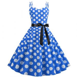 Robe Année 60 Femme Sexy Col V sans Manche Retro Robe Style 1950's Audrey Hepburn Rockabilly Elegante Polka Dot Trapèze Vintage Robes Swing Robe De Bal Fête Cérémonie Mi Longue (Lieyxfaye, neuf)