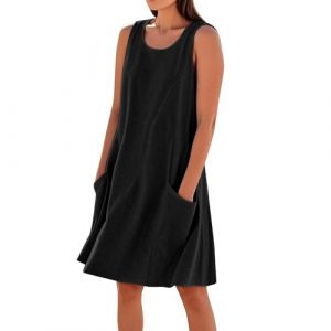 Robe Femme Chic Et Elegant Grande Taille D'&eacute;t&eacute; Robe Coton Fluide Courte sans Manches Vetement Femme Ete Boheme Lin Col Rond Summer Dress Mes Commandes Noir 3XL (⭐⭐⭐⭐⭐DUIGUN（Livraison 5-14 jours）, neuf)