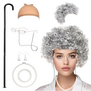 DIKARIYA Kit de Deguisement Grand Mere, Halloween Perruque Vieille Dame Lunettes Ronde Collier Fausse Perle Grand-Mère Perruque pour Fête Déguisement Années 1920 Costume Carnaval Mariage Fête (C) (DIKARIYA EU, neuf)