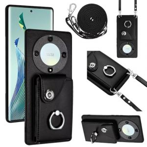 GoodcAcy Coque pour Honor X9a/Honor Magic 5 Lite avec Cordon &Eacute;tui Honor X9a/Honor Magic 5 Lite avec Cordon Porte Carte Portefeuille avec Anneau b&eacute;quille R&eacute;glable Collier Housse Etui pour Femmes - Noir (TENGLAN, neuf)