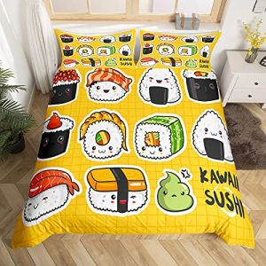 Enfants Mignon Sushi Motif Parure de Lit 220x240cm Style Japonais pour Filles Dessin Anim&eacute; Japonais Sushi Housse de Couette Respirant Grille Jaune Parure &Agrave; Carreaux Housse de Couette Room Decor (Bofanshangmao, neuf)