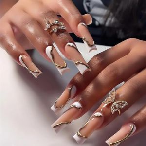 Faux ongles, ongles à presser Faux ongles longs en forme de cercueil avec colle, faux ongles marron portables avec strass, presse de Ballet, couverture complète(29) (zhangtingamz, neuf)