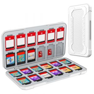 HEIYING Rangement Jeux Switch pour Nintendo Switch 2/Lite/OLED,Support de Stockage de M&eacute;moire en Design en Fibre de Carbone Blanc avec 24 Fentes Carte Jeu et 24 Fentes Carte Micro SD (HEIYING-EU, neuf)