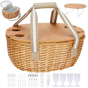 HEALSTOK Panier de pique-nique pour 4 personnes - En osier avec table à vin - Avec sac isotherme - Pour camping, extérieur, Noël, fête - Beige - Pour 4 personnes (WSkosung, neuf)