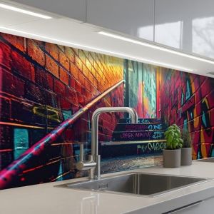 KitchenYeah© Credence Cuisine Adhesive 60x200 cm Protege Mur Revetement Mural Adhesif Parement Interieur À Coller Plaque Plastique Rigide Architecture - Néon - Escaliers - Graffiti (KitchenYeah, neuf)