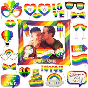 POPOYU 27PCS Accessoires de Photobooth et Cadres Photo Gonflables de Rainbow LGBTQ,Masques Faciaux Photobooth Fête de Rainbow LGBTQ DIY Photo Booth Props pour Décoration de Rainbow LGBTQ,Fournitures (MUDAMUDA Store, neuf)