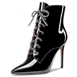 Castamere Femmes Aiguille Haut High Talon Heel Fermeture à Glissière Pointu Bout Bottines Lacets Dress Sexy Bureau 10 CM Heels Bottes Noir Vernis 40 EU (SUNShop, neuf)