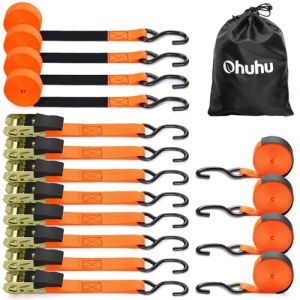 Sangle à cliquet 8 pièces, Ohuhu 680kg 4,6m Sangles de Serrage à cliquet Sangle d'arrimage avec tendeur à cliquet pour Le Transport Quotidien et Le Regroupement de Marchandises, Orange (TSMART, neuf)