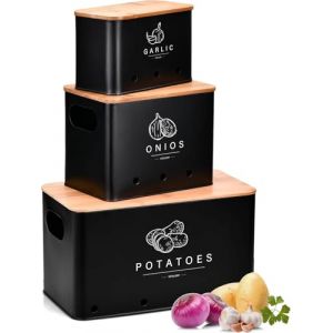 EOPUOZS Lot de 3 Boite Pomme de Terre, Rangement Oignons Ail Pomme de Terre, Bocaux Rangement Cuisine au Design Rétro avec Couvercle en Bambou et Trous de Ventilation (noir) (DOBRICA BREDA SHOP S.R.L., neuf)