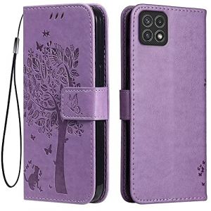 Topme &Eacute;tui en Cuir pour Samsung Galaxy A22 5G (6.6" inches), [ Coque Housse de T&eacute;l&eacute;phone Style Motif Chat Et Arbre] - Violet Clair (topme, neuf)