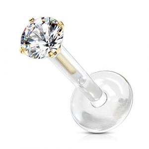Tata Gisèle Piercing Labret Monroe en Acier Chirurgical 316L, Bio Flex et Oxyde de Zirconium - Zircon Rond Serti sur Tige d'acier à Pousser sur Une Base Bio Flex - (Transparent/Or Doré, 8) (Tata Gisèle, neuf)