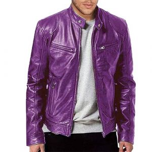 Veste en cuir PU pour homme, noir, couleur unie, blouson de motard, chaud, coupe-vent, avec poches, pour les sports de plein air, style vintage, lilas, XXXXL (發財rich EU, neuf)