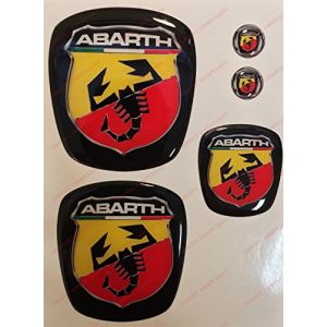 Adesivi Compulsivi Logo Fiat 500 ABARTH avant, arrière + volant + 2 armoiries porte-clés. Capot et coffre autocollants résinés effet 3D Fregi Scorpion fond noir (sticker's corner, neuf)