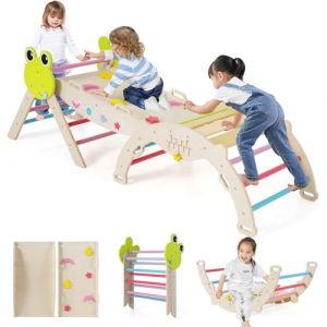 GOPLUS 7 en 1 Triangle Escalade Montesorri pour Enfants 1 Ans+, Parcours Montesorri Bebe Bois Pliable avec Arche, Rampe, Corde&Échelle, Pont, Aire de Jeux Intérieur (Grenouille|7 en 1,Multicolore) (Augenstern24, neuf)