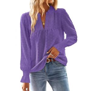 TUUHAW Chemise Femme Chic et &Eacute;l&eacute;gant Automne Manches Longues Boh&egrave;me Top Col en V Manche &agrave; Volants Dentelle Haut T-Shirts &agrave; Point Suisse D&eacute;contract&eacute; Fluide Tunique Violet XL (TROFANO, neuf)