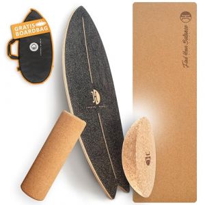 JUCKER HAWAII Balance Board Ocean Rocker - Planche d'&eacute;quilibre en bois - Planche d'&eacute;quilibre de surf pour enfants et adultes (Noir + Rouleau + H&eacute;misph&egrave;re + Tapis en li&egrave;ge) (JUCKER HAWAII, neuf)