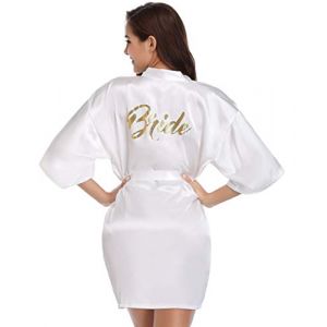 Vlazom Kimono Satin Femme Peignoir en Satin Mariée Bridesmaid Peignoir Demoiselle D'Honneur Robes de Chambre Soie Court avec Ceinture,A-Blanc/Bride,L (Vlazom, neuf)