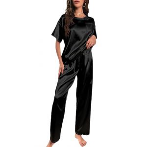 Rayson Pyjama Femme en Satin Été Ensemble de Pyjama Deux Pièces Pyjama Sets Haut à Manche Courte et Pantalon Longue Légère Satin Vêtements de Nuit S-XL(Noir,XL) (GTP Shop, neuf)