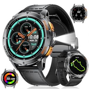 Montre Connectée Homme GPS, Batterie 530mAh, Écran AMOLED 1,43",Montre Militaire avec Lampe Torche et Boussole Altimètre,IP68,180 Modes Sportifs,Appels Bluetooth et Suivi Santé pour Android et iOS (WISHDOIT Official Store, neuf)