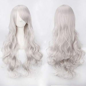 80 cm de long ondulé argent gris beige blanc perruque cosplay costume de fête femmes Halloween 80 cm bouclés blond noir perruques de cheveux synthétiques perruque d'argent commune K027-5 (good stuff A, neuf)