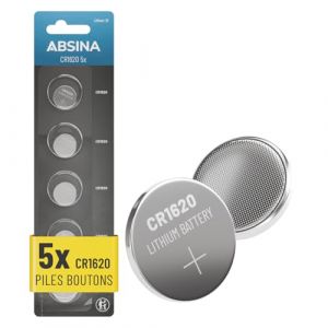 ABSINA 5X Pile CR1620 Bouton 3V - CR1620 Pile Lithium 3V Anti-Fuite & Longue durée - CR1620 Pile Clef Voiture, Pile telecommande Voiture, Pile Bouton Lithium, Petite Pile Plate (ABSINA GmbH, neuf)