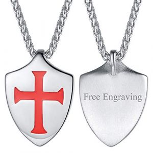 FaithHeart Pendentif Homme Chevalier Templier Personnalisable Acier Inoxydable,Collier Bouclier Grav&eacute; Pr&eacute;nom avec Cha&icirc;ne Ajustable 55cm,Bijoux Religion Bapt&ecirc;me pour Hommes et Gar&ccedil;ons (FaithHeart Jewellery, neuf)