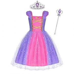ACWOO Costume Enfant Fille, Costume Princesse Raiponce avec Baguette et Couronne, Tulle Maxi No&euml;l Carnaval Cosplay Robe de Soir&eacute;e, Reconstitution Historique (AOGOE-EU, neuf)