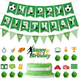 GGUFAY 28 Pièces Decoration Gateau Foot,Deco Gateau Foot, Bannière de joyeux Anniversaire,Toppers de Cupcake d'anniversaire de Football,pour Fête de Football Décoration de Gâteau Soirée à Thème (Rfervgauk, neuf)