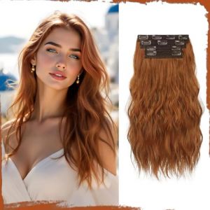 Sofeiyan Clip in Extensions, 4PCS 40 cm Haarverlängerung für Damen, Lockige Dicke Synthetische Haarextensions zum Einklippen Natürliches Weiches Clip in Haarteil,Marron cuivré (SofeiyanEU, neuf)