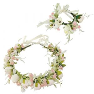 Fleur Bandeau Guirlande,Couronne Fleur Cheveux Mariag,Coiffe de Guirlande,Floral Coiffure et Ensemble de Bracelet,Fleur Bandeau avec Ruban,Fleur Couronne Cheveux(D) (HIQE-DE, neuf)