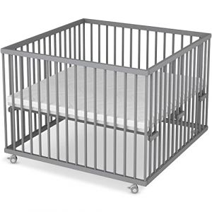 Sämann Parc bébé 100x100 cm avec matelas - testé TÜV 2022 - hauteur modulable en continu parc enfant bois gris (Sämann Handels GmbH, neuf)