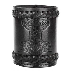 Ulfberth - Gobelet cube Viking de qualit&eacute; sup&eacute;rieure avec motif Mj&ouml;lnir, en cuir v&eacute;ritable, tasse m&eacute;di&eacute;vale, LARP, reconstitution (marteau de Thor noir) (Vehi-Mercatus, neuf)