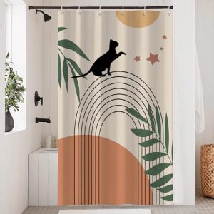 Hnmdmyi Rideau de Douche Boho 90x180, Mid Century Abstract Noir Chat Vert Feuille Arc Soleil Lune Beige Rideau de Baignoire Moderne Minimaliste G&eacute;om&eacute;trique Esth&eacute;tique Art Rideau de Bain avec Crochets (Hnmdmyi, neuf)