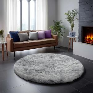 Amdrebio Grand tapis doux &agrave; poils longs pour salon, chambre ou chambre d&rsquo;enfant, tapis rond moderne et rustique, gris clair tie-dye, 2,1 m (UKS INVESTMENTS, neuf)