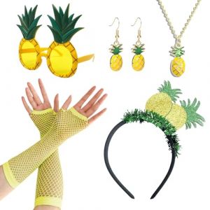 XNIVUIS 7 Pièces Ensemble de Costumes Ananas,Déguisement Hawaïen,Couronne Ananas,Verres Ananas,Boucles Oreilles Ananas,Collier Ananas,Gants en Résille Jaune,Costume de Carnaval,Fête Ananas (7 Pièces) (QianRunS, neuf)