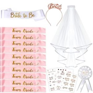 EUZLABBY 17PCS EVJF Accessoire,Enterrement de Vie de Jeune Fille Accessoire,avec 1 Écharpe Future Mariée,10 Team Bride Écharpe,1 Voile Mariée,1 Badge,1 Bandeau Diadème,3 Tatouage,Accessoires de fête. (MARKET MACIAS ROMERO EDUARDO S.R.L., neuf)