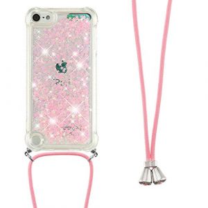 Collier Coque pour iPod Touch 5 / iPod Touch 6/7,Glitter Paillette Brillante Quicksands Liquide Transparente Silicone TPU Case Housse avec Cordon Collier Tour de Cou pour iPod Touch 5,GS Pink Star (LEMAXELERS, neuf)