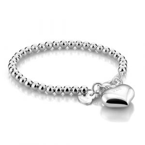 Dankadi Bracelet de Perles pour Femme en Argent 925 Large de 4MM 6MM Sans et Avec Pendentif Coeur, Long 13-21CM Dor&eacute; Or Rose Cadeau F&ecirc;te Maman Fille Homme (16CM, Argent 4MM Avec Pendentif Coeur) (Mei Yun Jewelry, neuf)