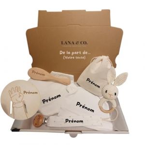 Coffret Naissance B&eacute;b&eacute; Mixte Personnalisable - Kit Nouveau-n&eacute; avec Pochette Cordon Coton 10x15cm, Attache T&eacute;tine, Bavoir, Bonnet et Brosse en Poils Naturels (Blanc - 07 articles) (LANA & Co - FRANCE, neuf)