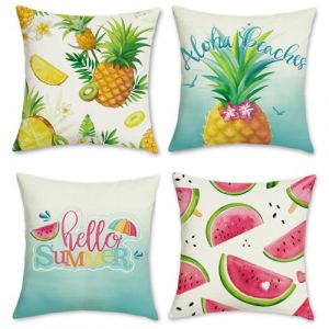 Bonhause Housse de Coussin Été Fruits 45 x 45 cm Pastèque Ananas Polyester Lin Décoratif Taie d'oreiller pour Canapé Salon Chambre Maison Patio Extérieur Décoration 4 Pièces (Bonhause EU, neuf)