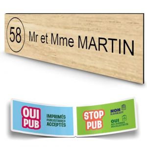 DECOHO - Plaque Boite aux Lettres personnalisée adhésive - PMMA Effet Bois Clair Lettres Noires - 100x25 mm + Stickers Stop PUB offerts - Marron (DECOHO, neuf)